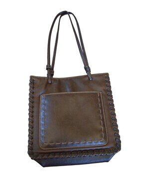 Vintage Brown Faux Leather Square Shoulder Bag Purse Accent Stitching Boho Weste